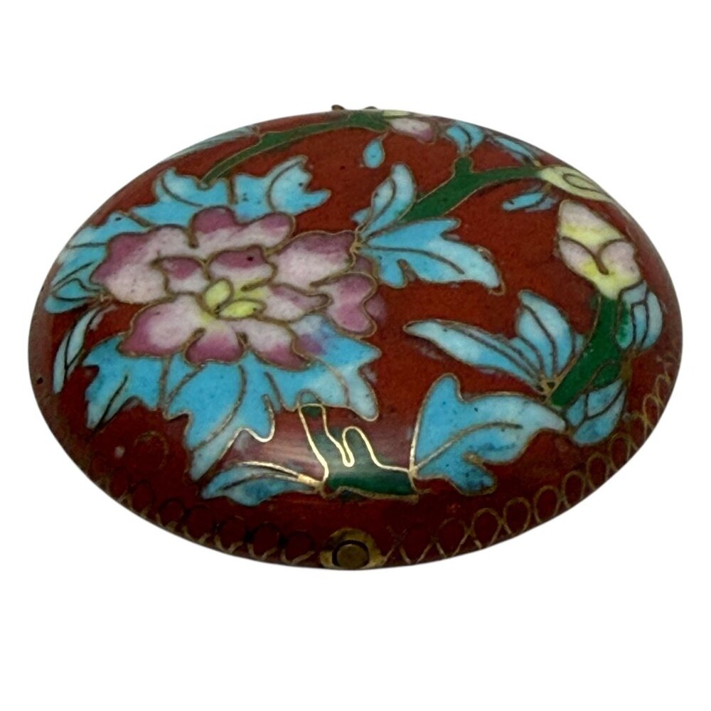 Vintage Cloisonne Pendant Round Red Chrysanthemum Floral Gold Tone 1.5" - Picture 4 of 6